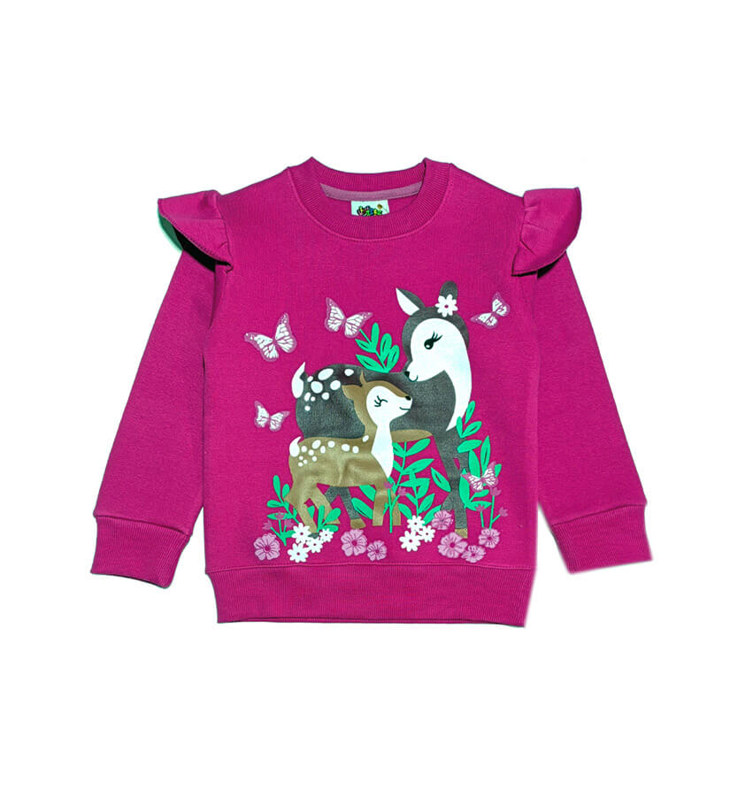 Cute Deer World Frill Fleece Sweatshirt Shocking Pink