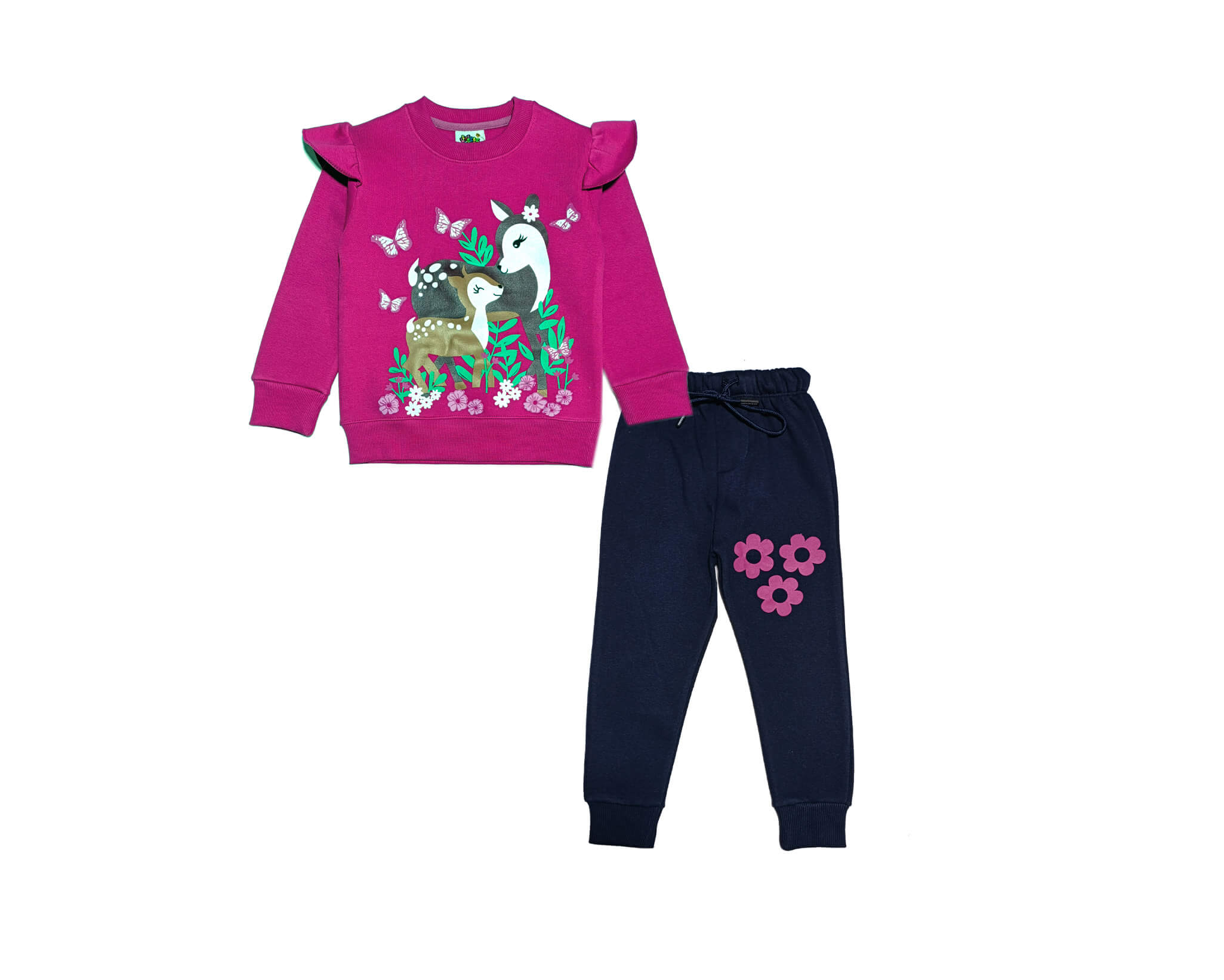 Cute Deer World Frill Fleece Tracksuit -Shocking Pink &amp; Navy Blue