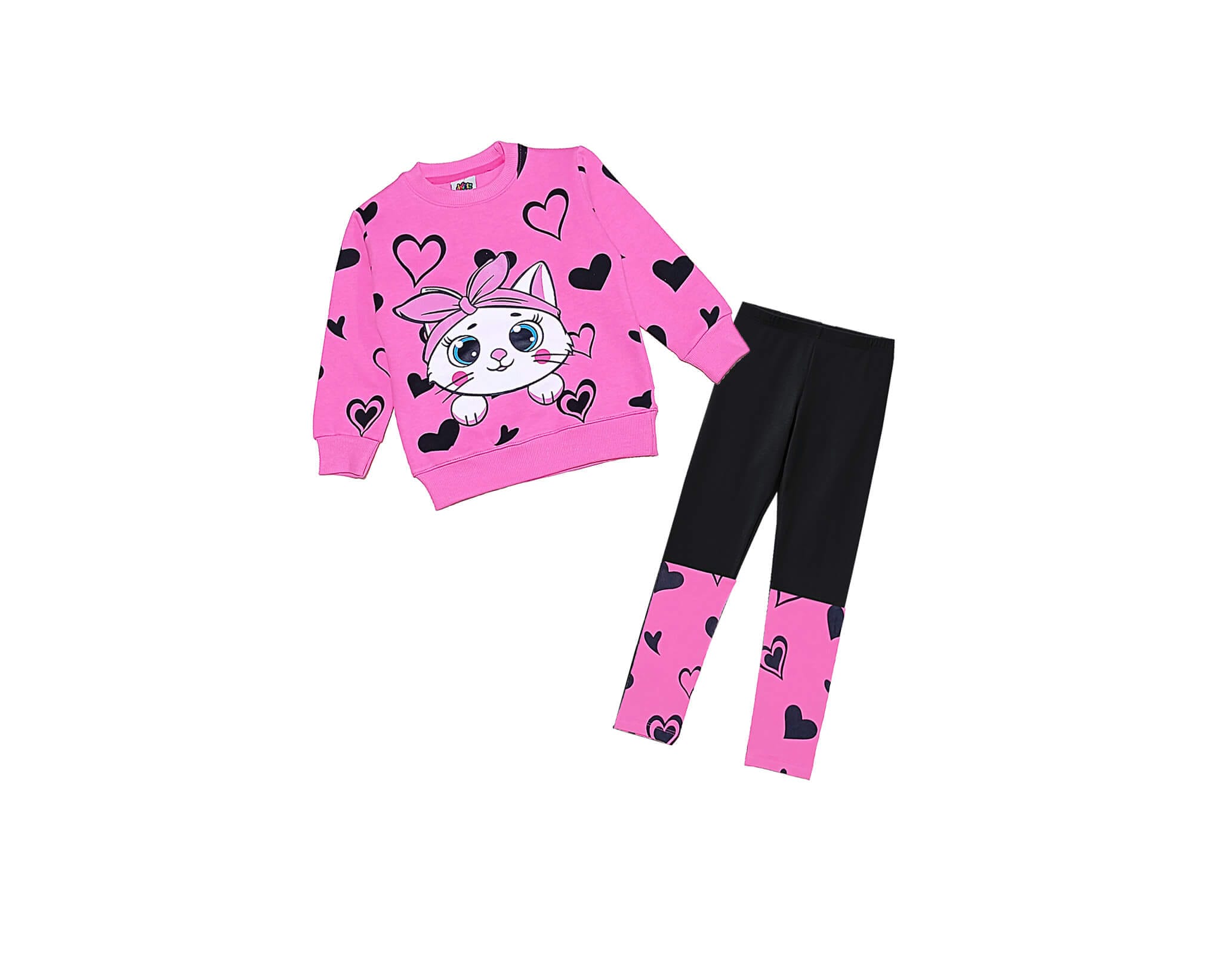 Cute Kitty With Hearts Fleece Sweat &amp; Lycra Tights -Pink Black