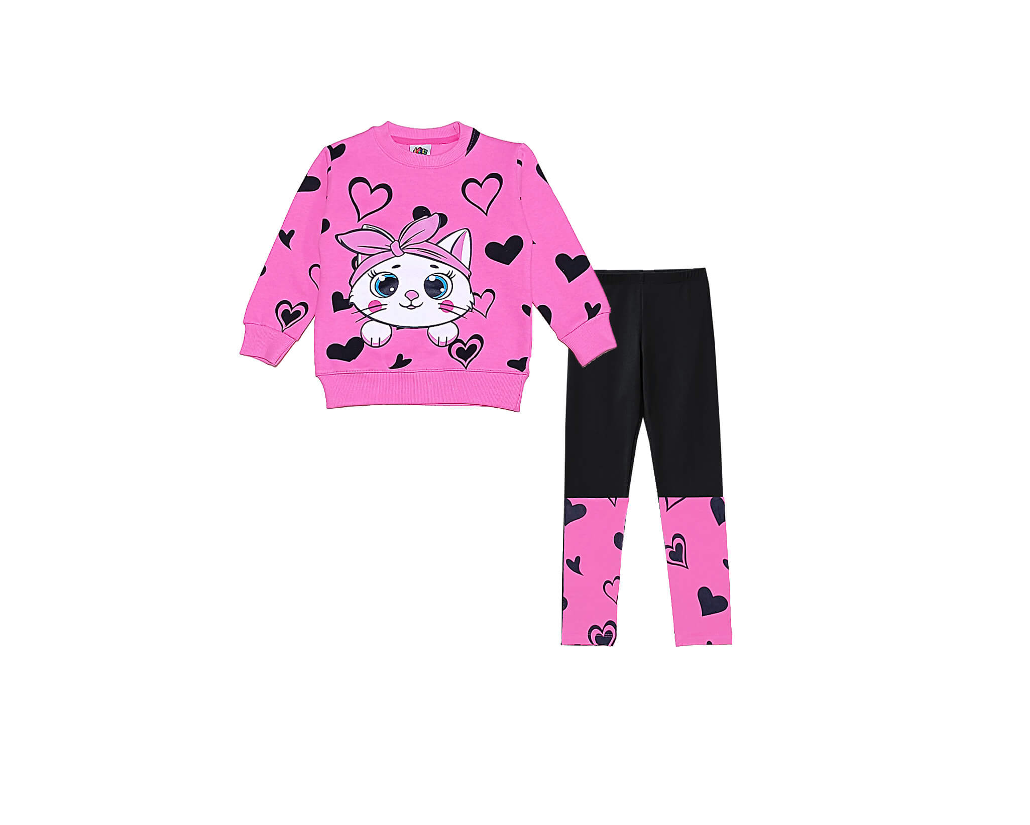 Cute Kitty With Hearts Fleece Sweat &amp; Lycra Tights -Pink Black