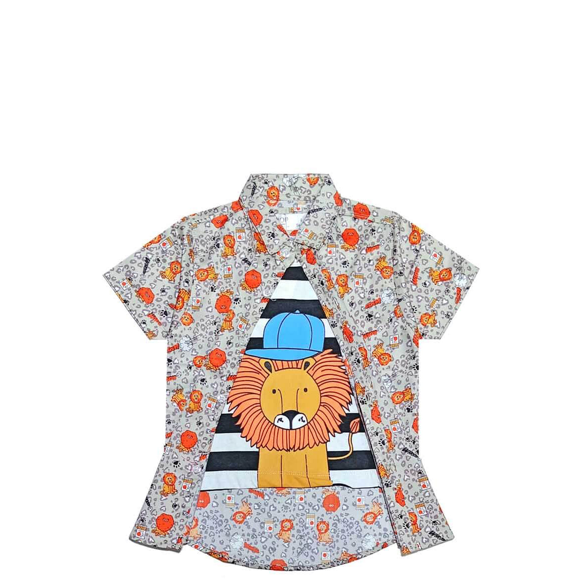 Cute Lion Fashion Twofer Cotton Casual Shirt - Light Grey