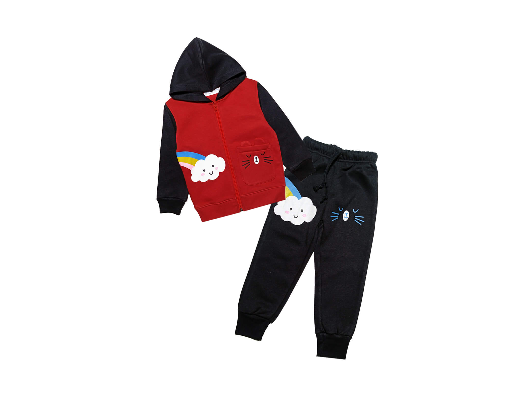 Cute Rainbow Cloud Fleece Hoodie Tracksuit - Red