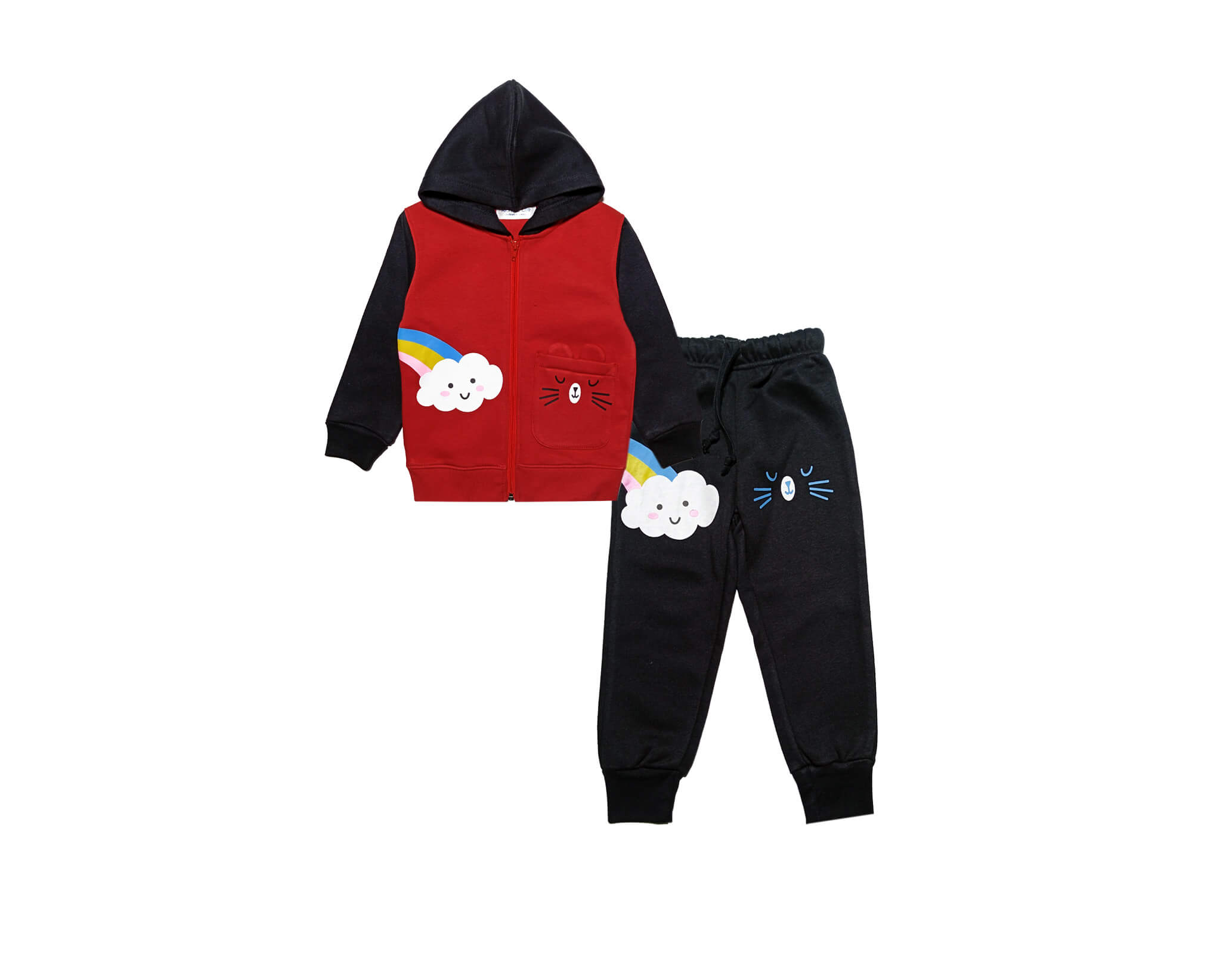 Cute Rainbow Cloud Fleece Hoodie Tracksuit - Red