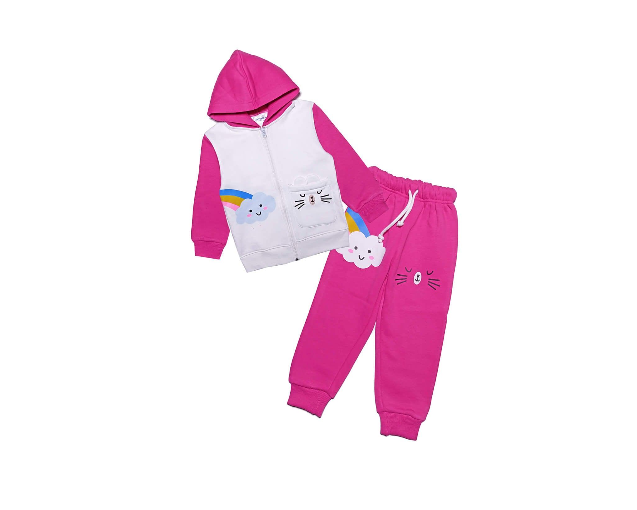 Cute Rainbow Cloud Fleece Hoodie Tracksuit - Shocking Pink