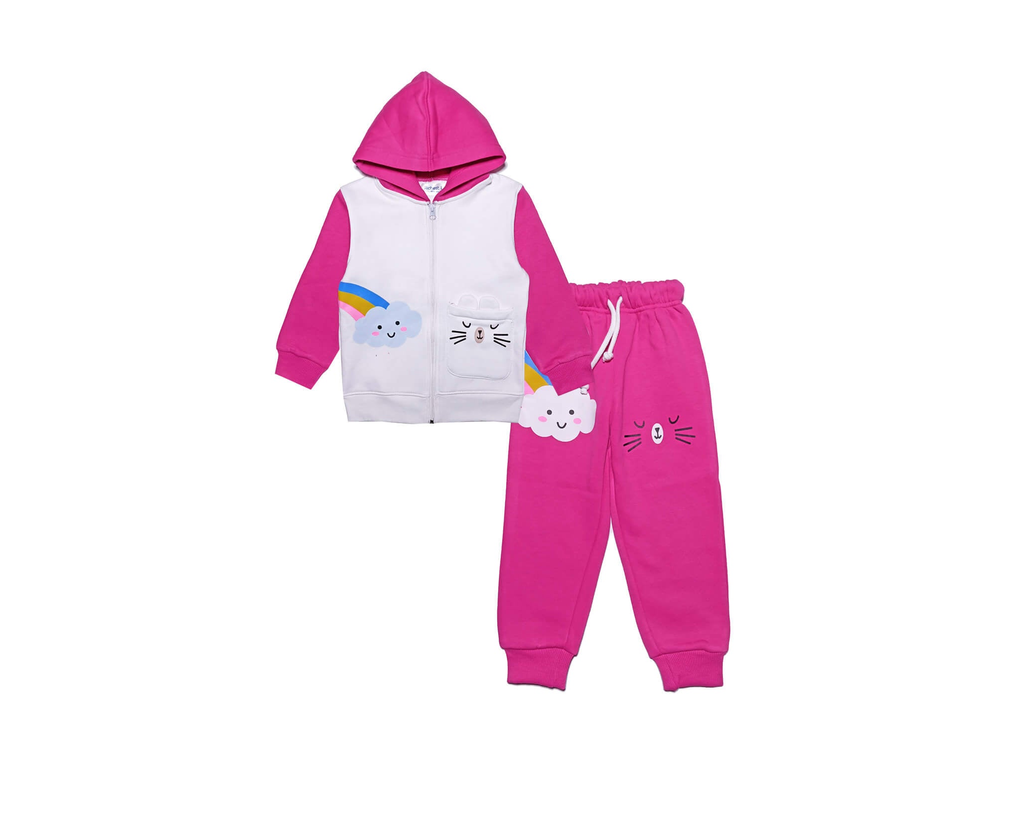Cute Rainbow Cloud Fleece Hoodie Tracksuit - Shocking Pink