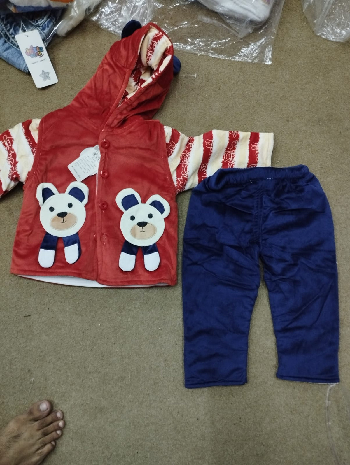 Cute Bear Velvet 3PC Hood & Striped Full Sleeve Shirt & Trouser - Orange or Royal Blue