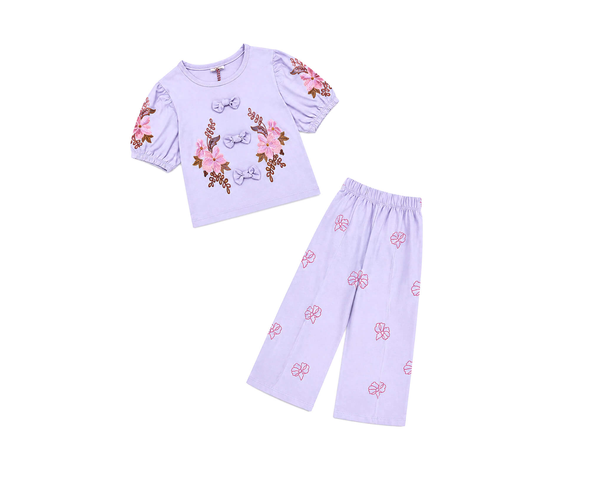 Cute Bow With Printed Puff Sleeve Shirt & Flapper Trouser - Soft Purple