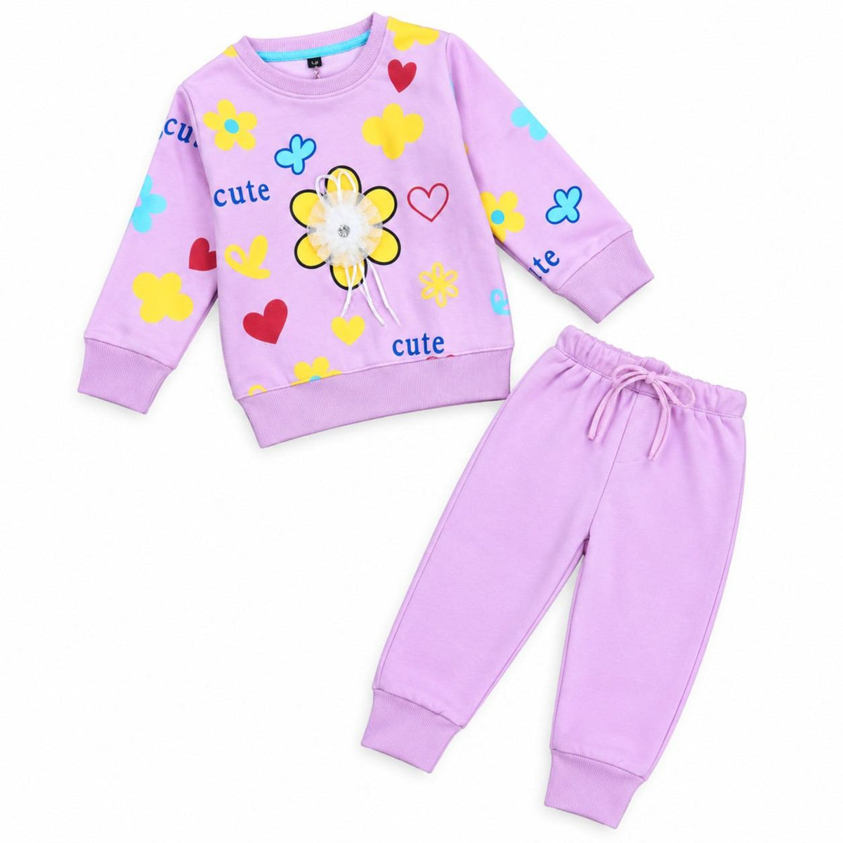 Cute 3D Floral & Hearts  Printed Fleece Tracksuit - Rose Pink