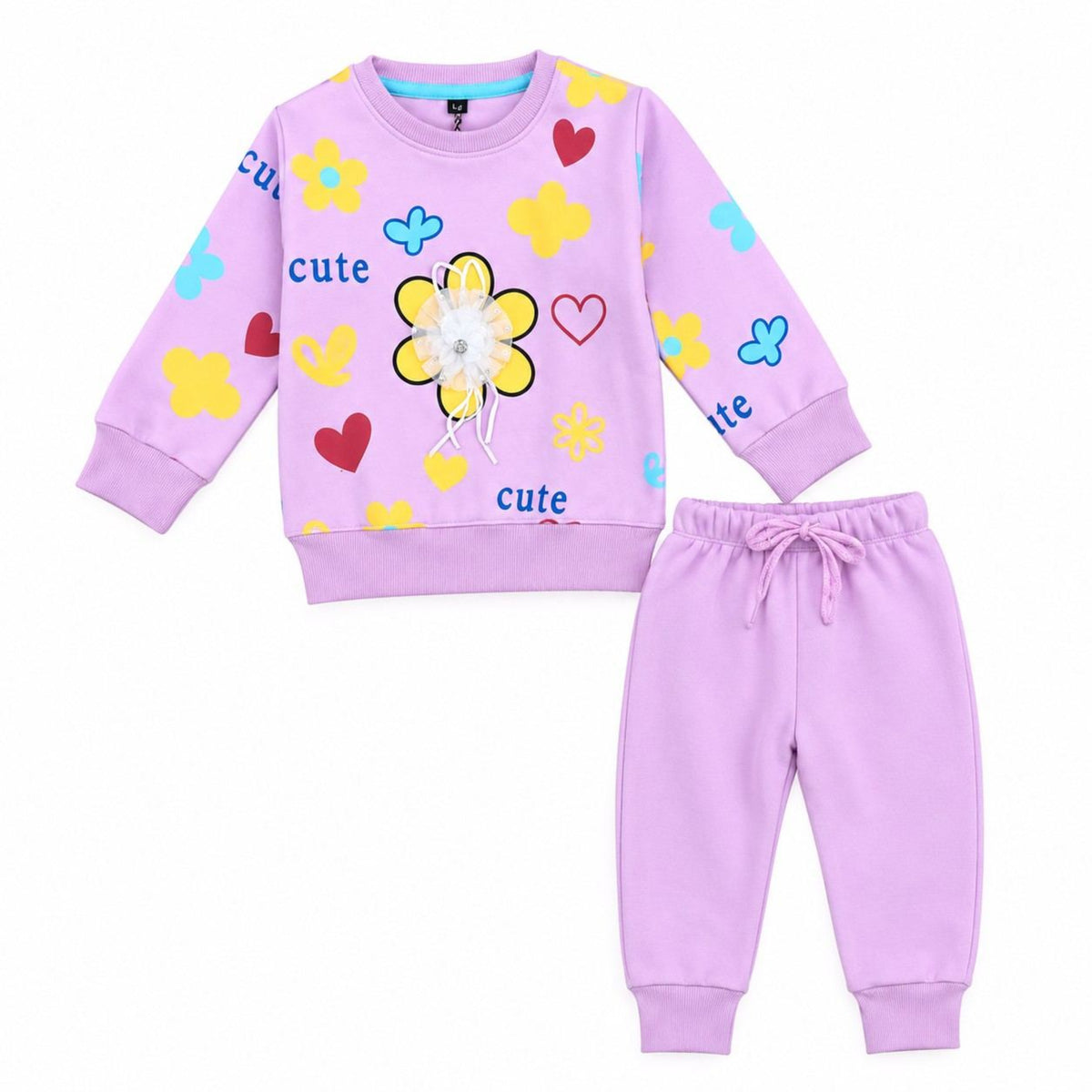 Cute 3D Floral & Hearts  Printed Fleece Tracksuit - Rose Pink