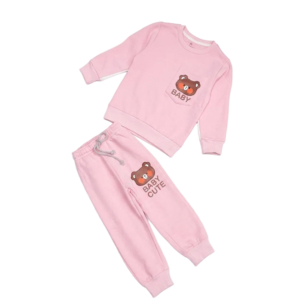 Cute Baby Face Fleece tracksuit - Baby Pink