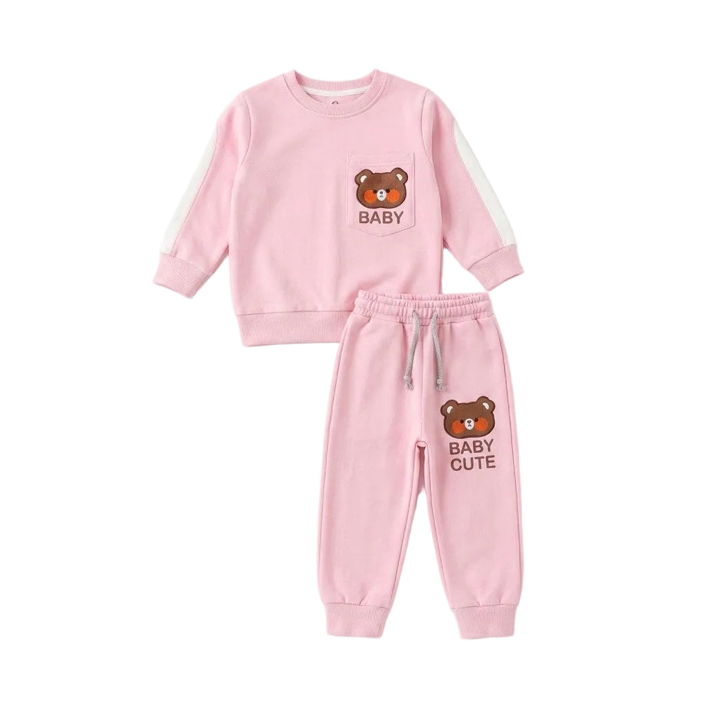 Cute Baby Face Fleece tracksuit - Baby Pink