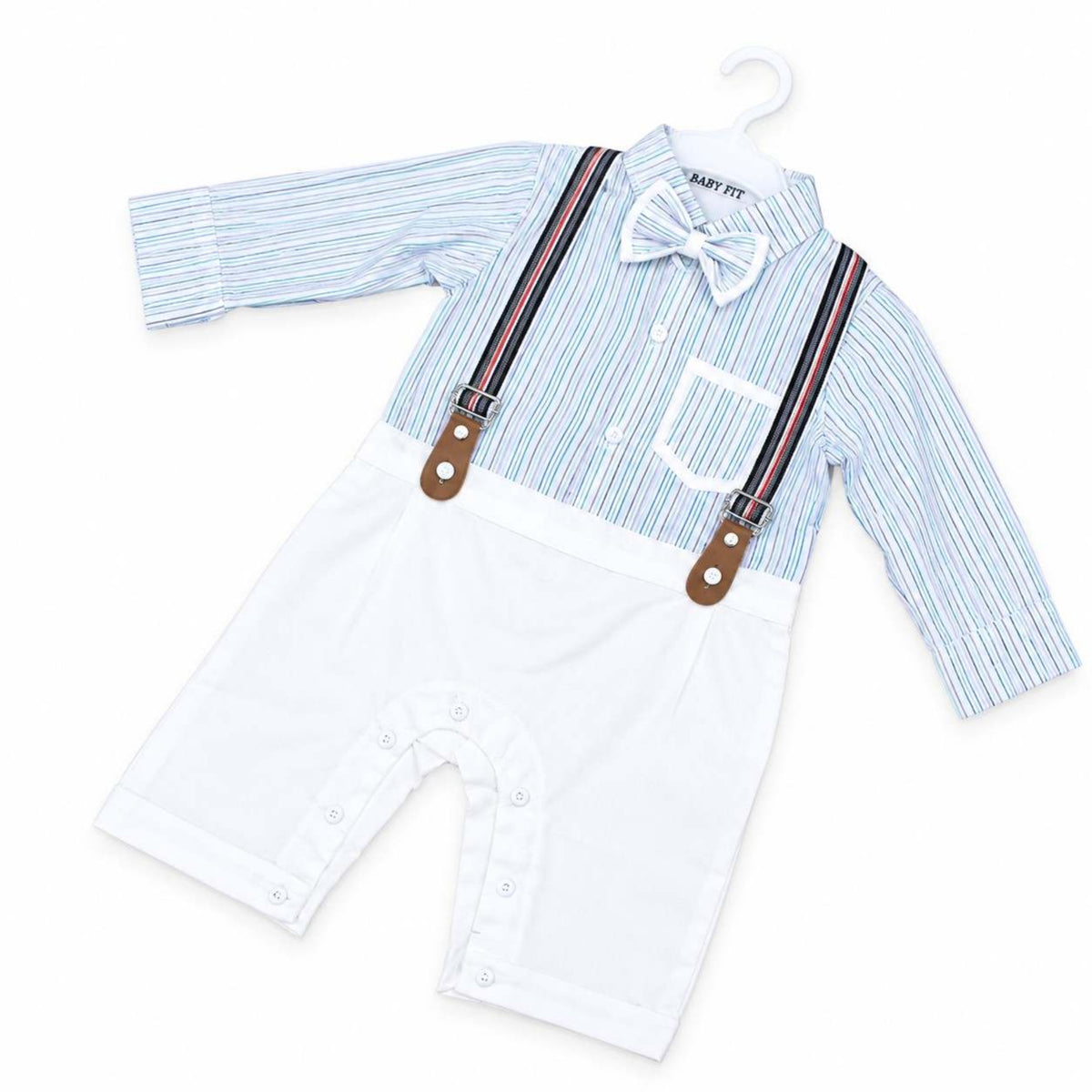 Cute Baby Striped Bow Suspender Romper – White & Blue