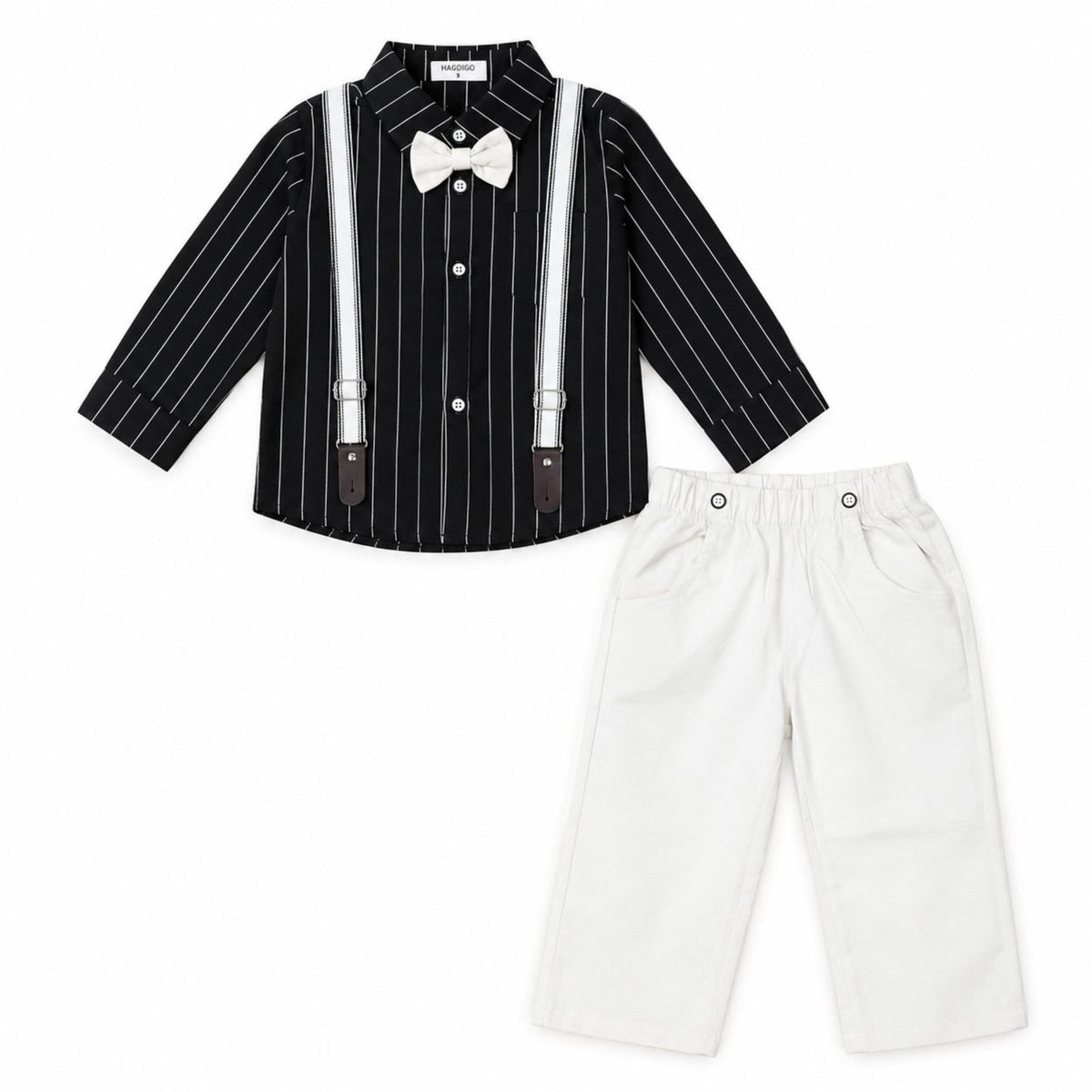 Cute Baby Striped Shirt with Bow & White Pants Suspenders