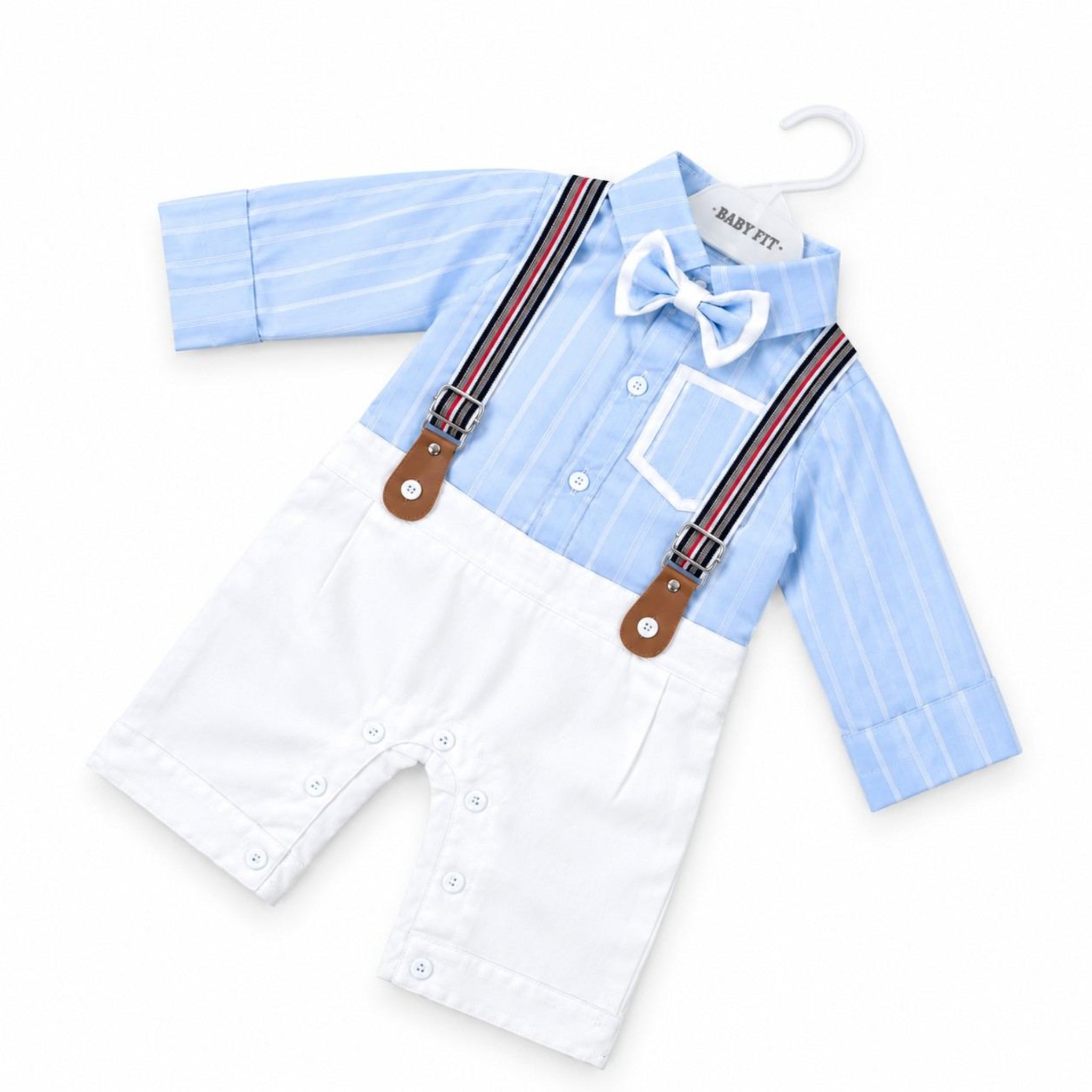 Cute Baby Suspender Romper - Sky Blue & White