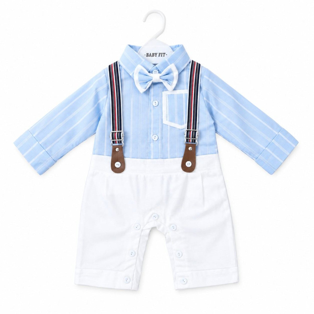 Cute Baby Suspender Romper - Sky Blue & White