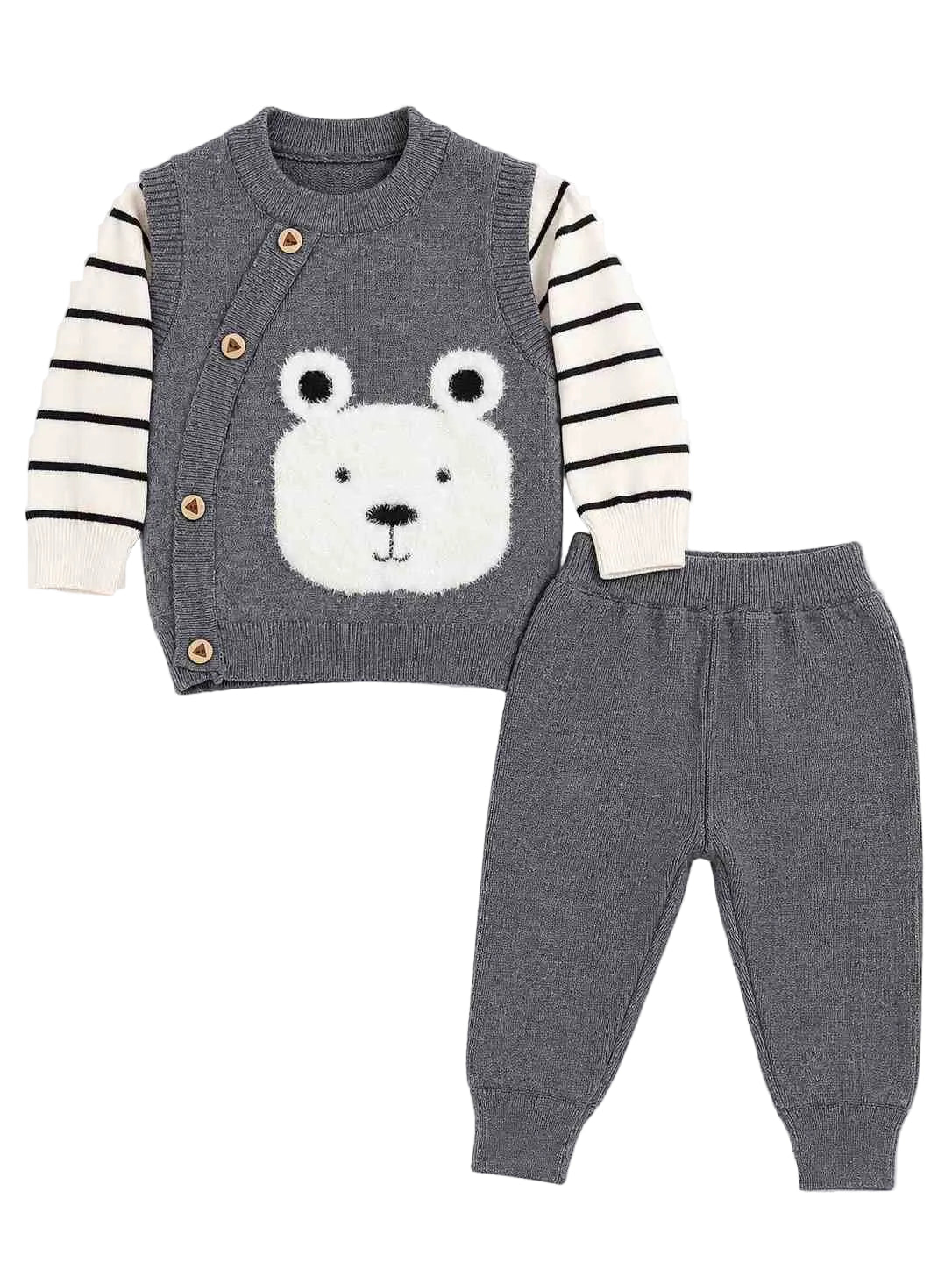 Cute Bear Strips Sleeve Wool Tracksuit-Off White & Gray