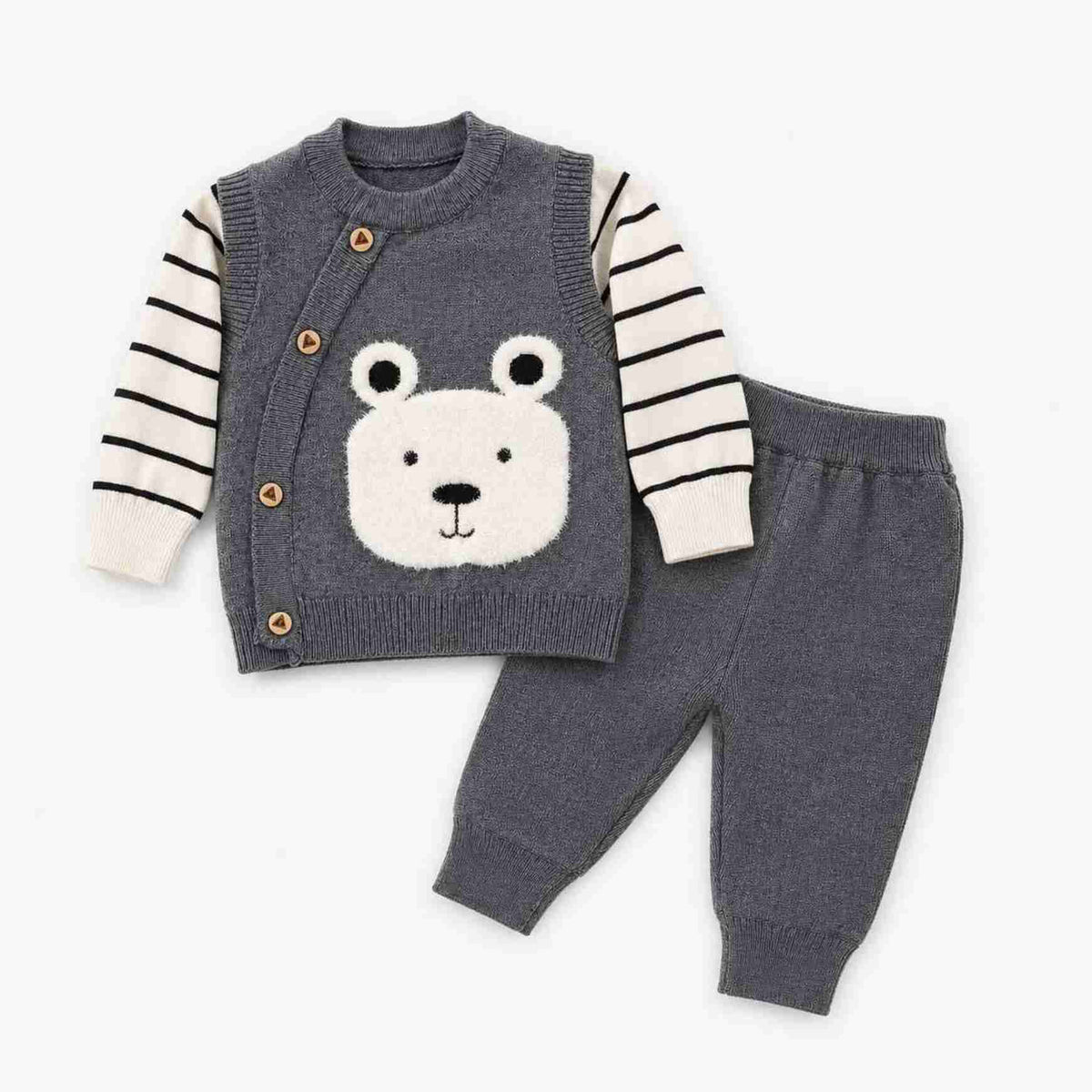 Cute Bear Strips Sleeve Wool Tracksuit-Off White & Gray