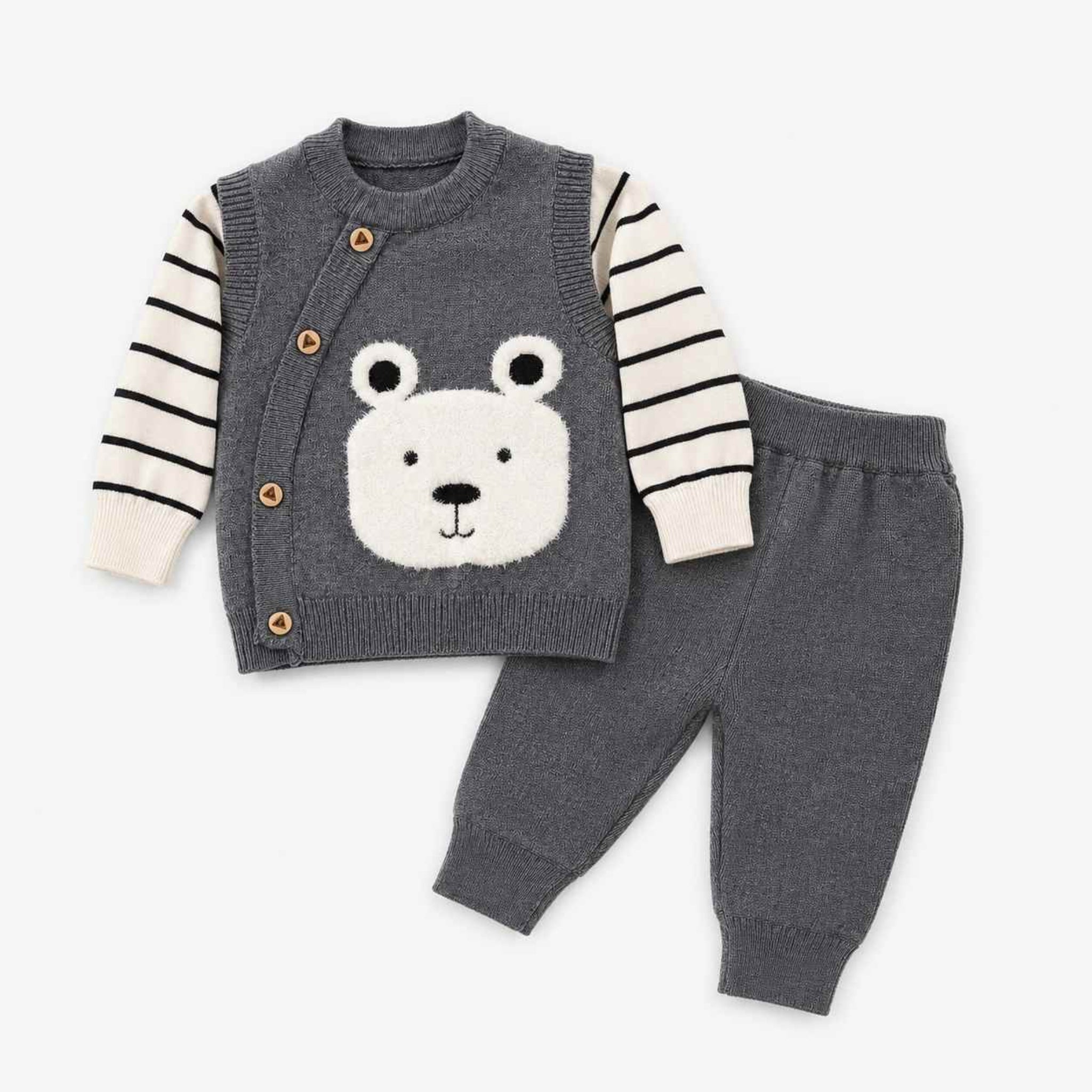 Cute Bear Strips Sleeve Wool Tracksuit-Off White & Gray