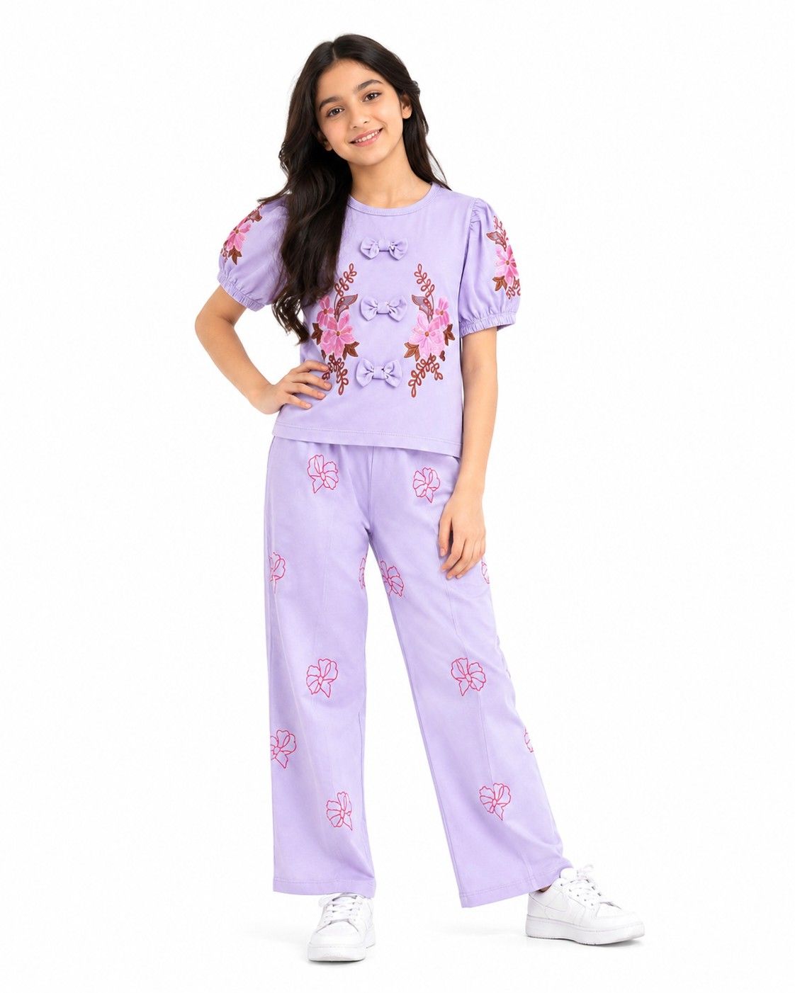Cute Bow With Printed Puff Sleeve Shirt & Flapper Trouser - Soft Purple