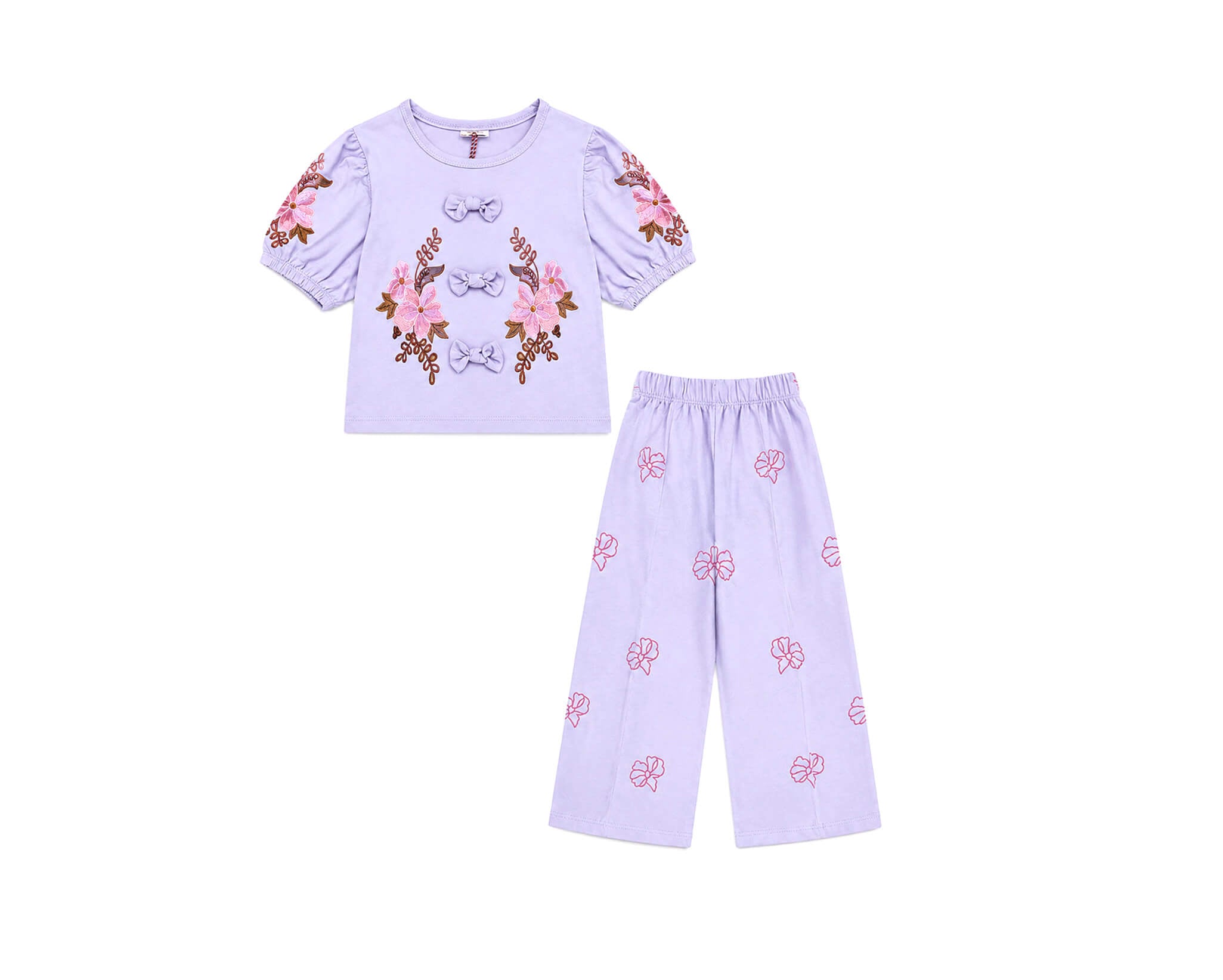 Cute Bow With Printed Puff Sleeve Shirt & Flapper Trouser - Soft Purple