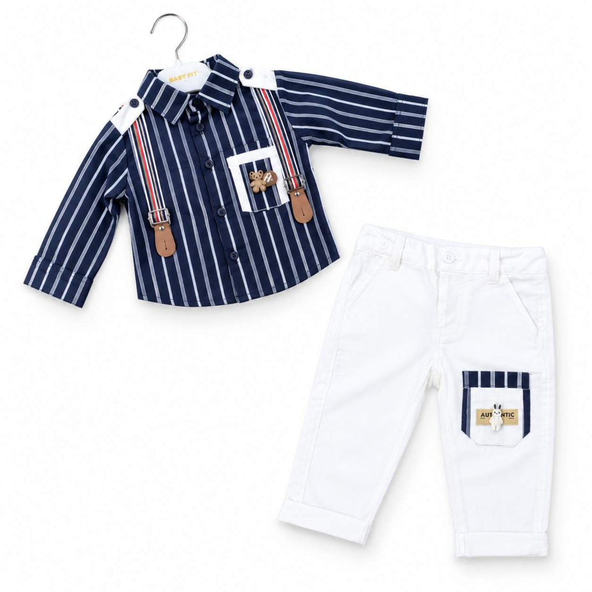 Cute Bunny Logo Suspender Striped Shirt & Pants 3-Piece Set - Blue & Off White