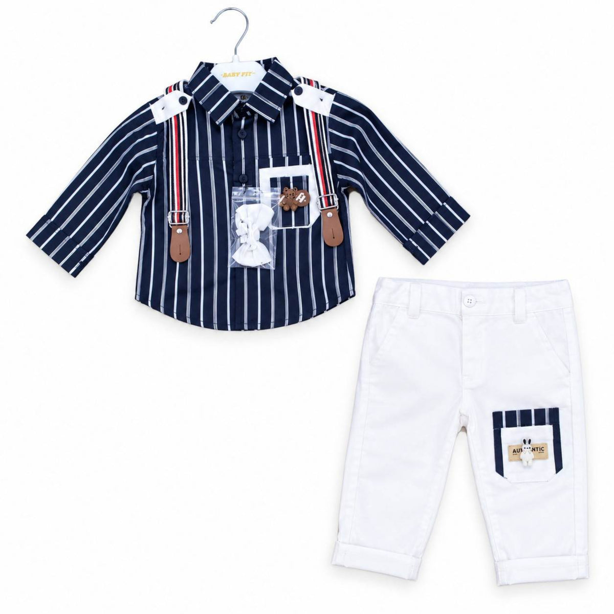 Cute Bunny Logo Suspender Striped Shirt & Pants 3-Piece Set - Blue & Off White