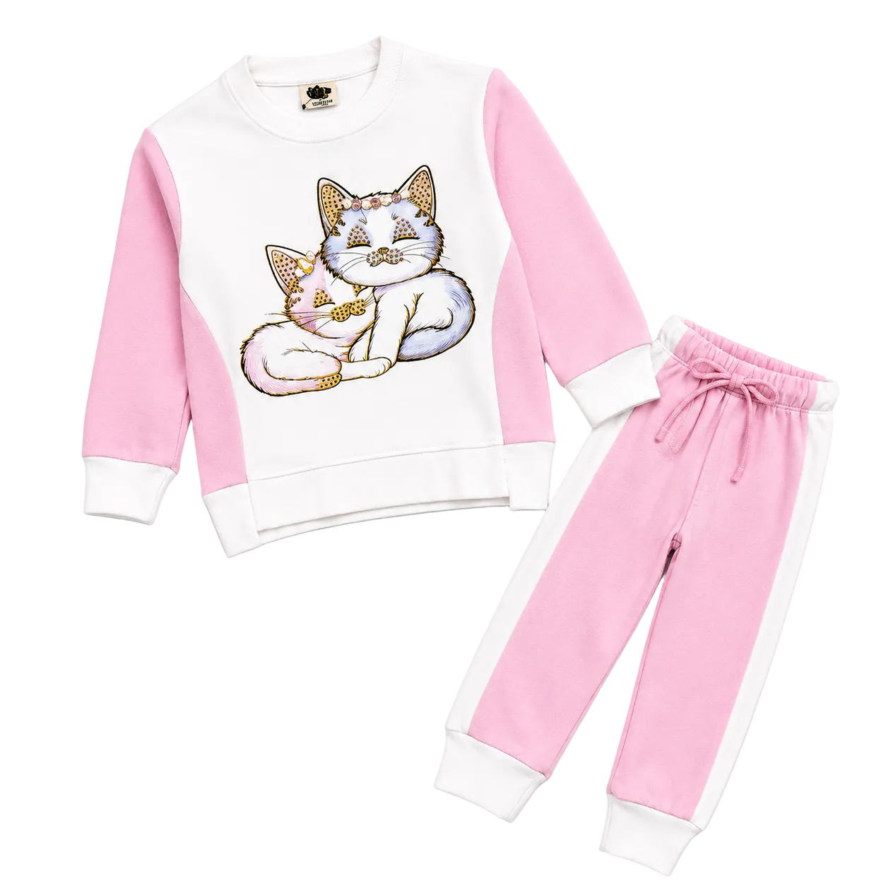 Cute Cats With Classic Panels Fleece Tracksuit - White & Pink-1