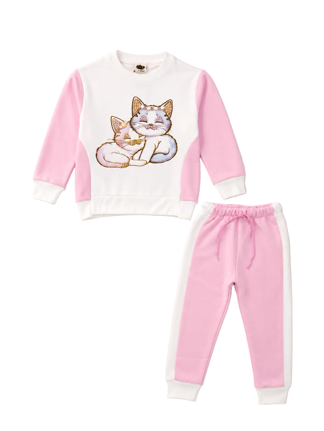 Cute Cats With Classic Panels Fleece Tracksuit - White & Pink