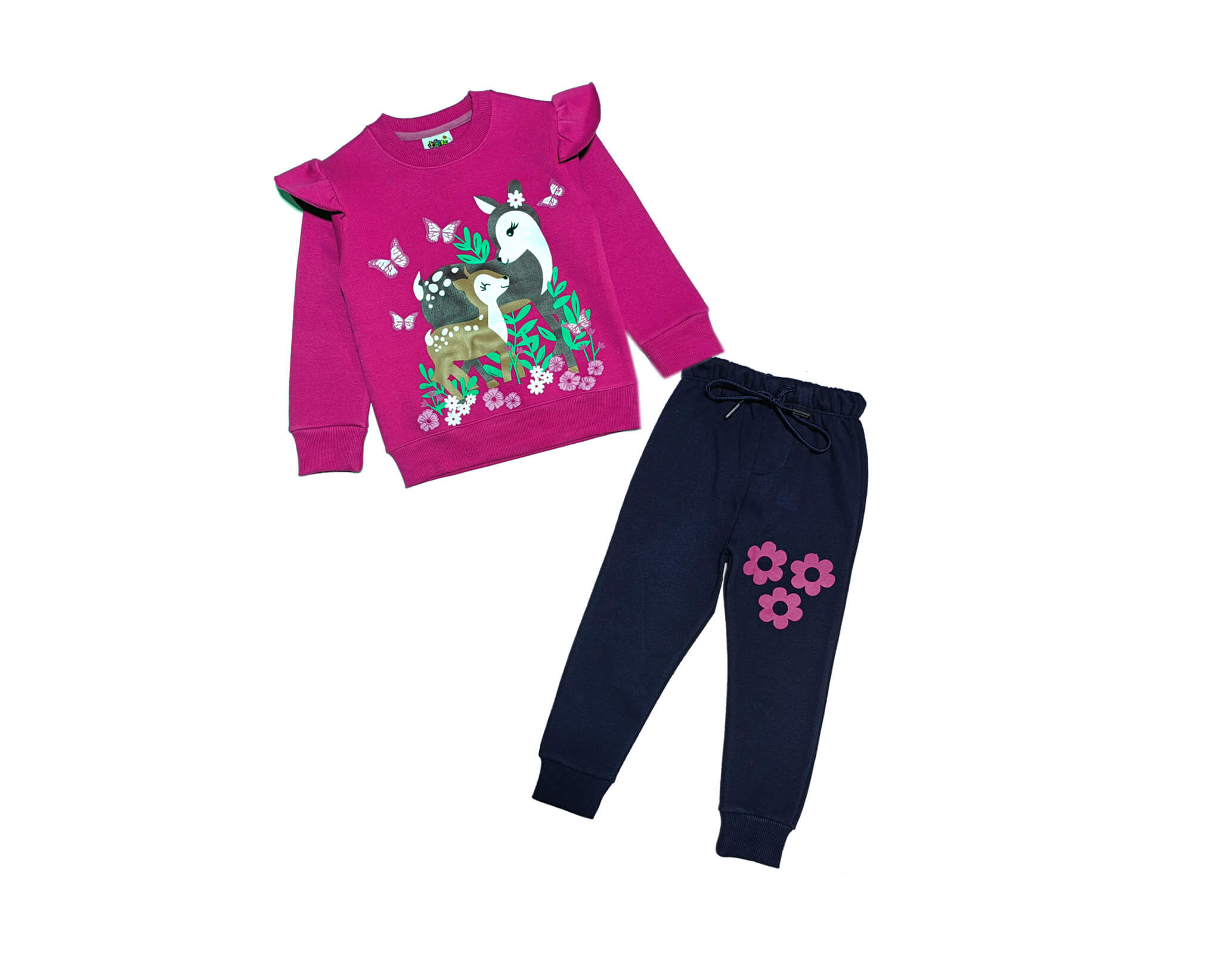 Cute Deer World Frill Fleece Tracksuit -Shocking Pink & Navy Blue