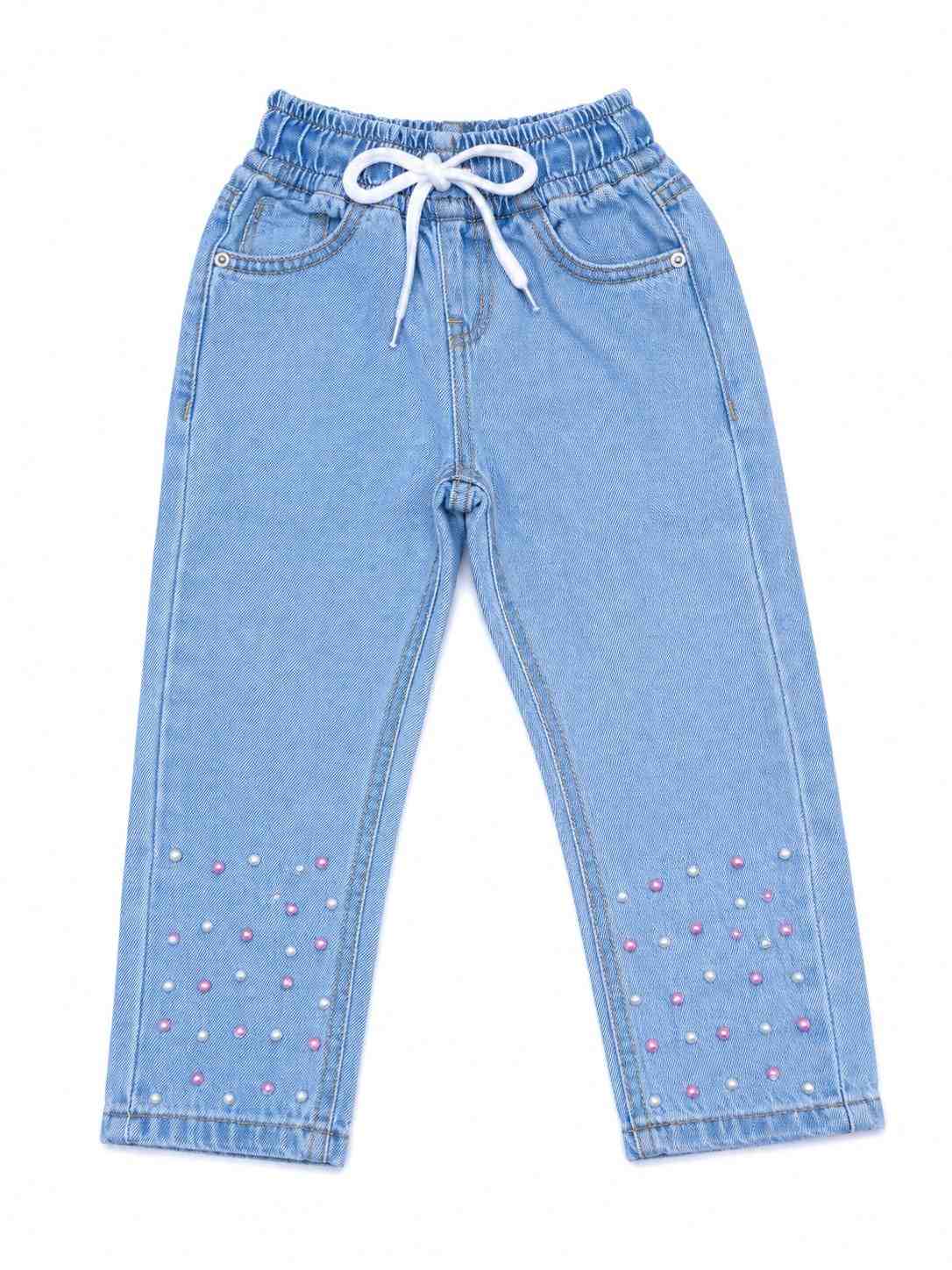 Cute Girls Pink & Whte Denim Pent - Light Blue