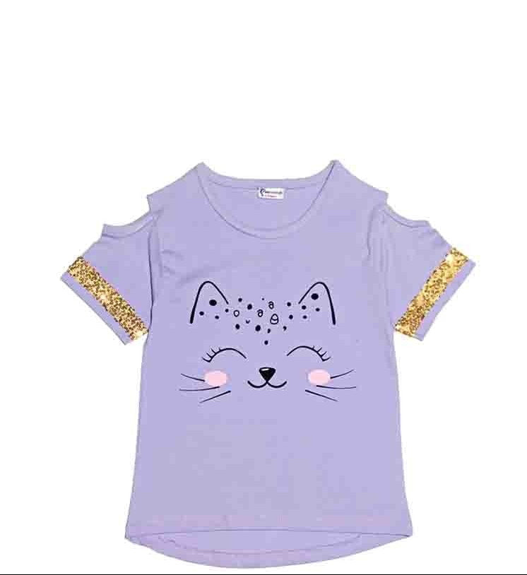 Cute Glliter Kitty Tee Shirt - Soft Purple