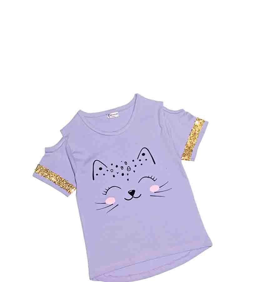 Cute Glliter Kitty Tee Shirt - Soft Purple 1