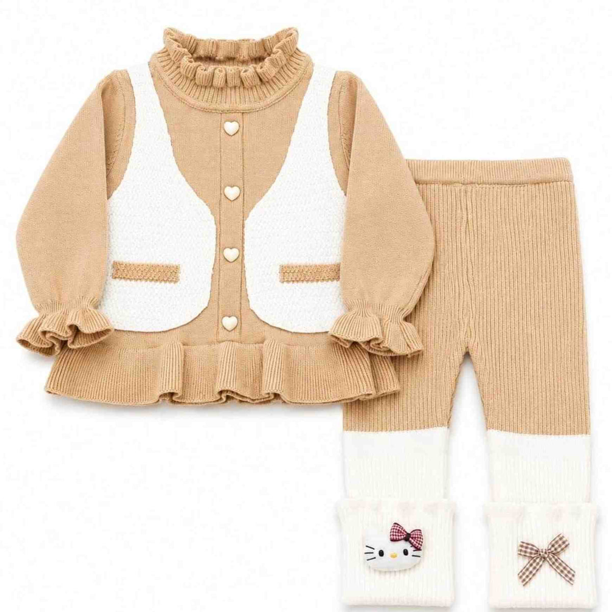 Cute Hearts Buttons Shirt with Straight Trouser - Off White & Light Born