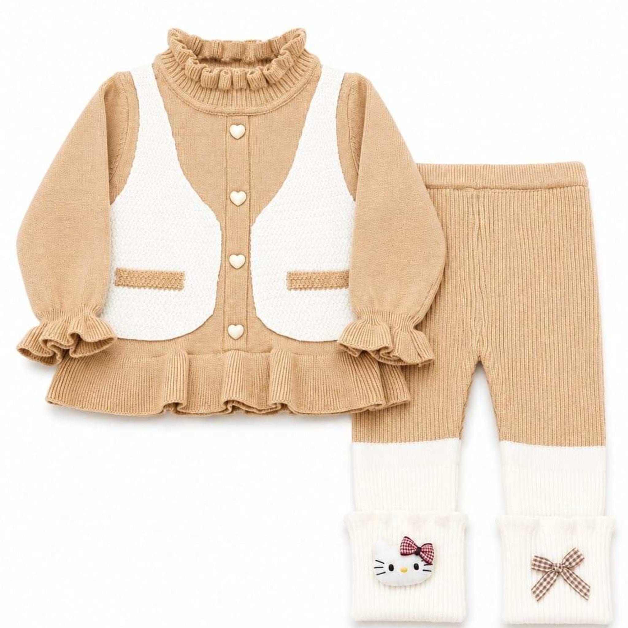 Cute Hearts Buttons Shirt with Straight Trouser - Off White & Light Born