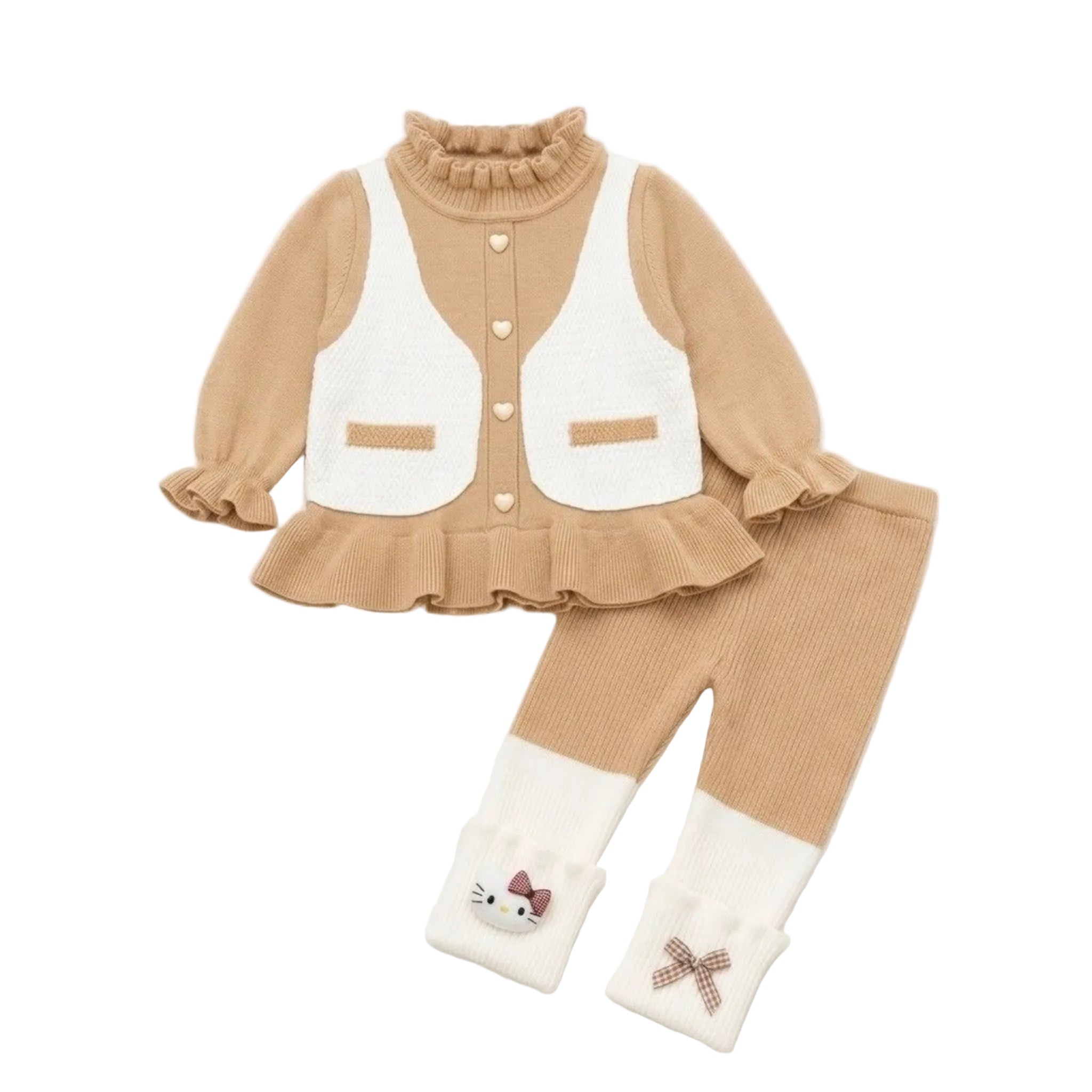 Cute Hearts Buttons Shirt with Straight Trouser - Off White & Light Born