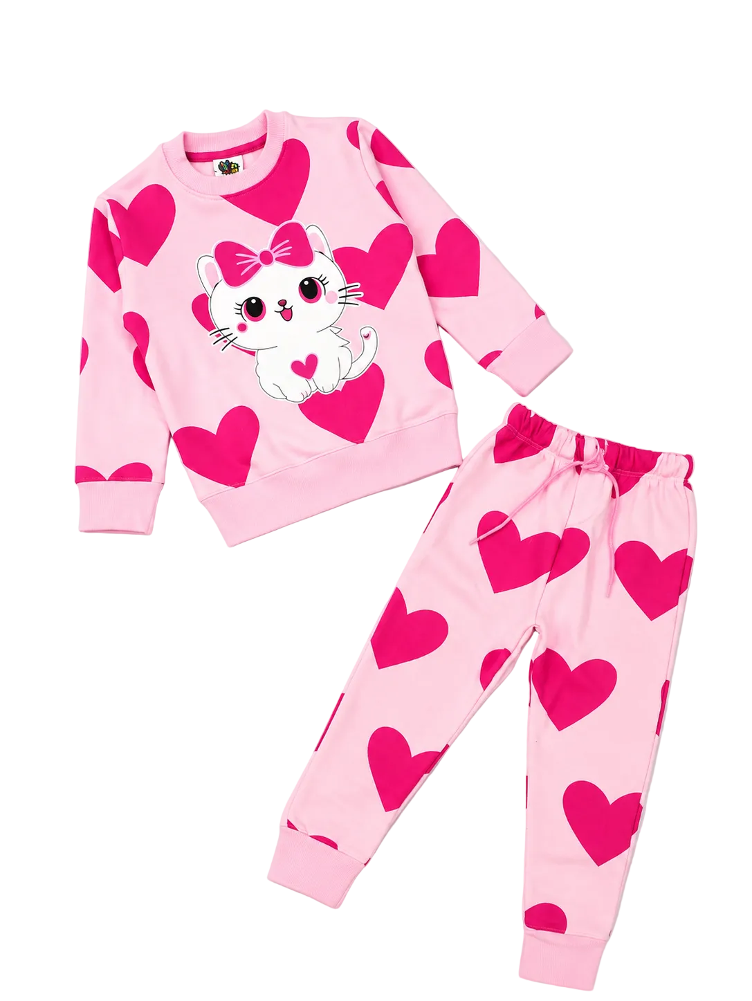 Cute Kitty With All Over Hearts Printed Fleece Tracksuit - Baby Pink-1