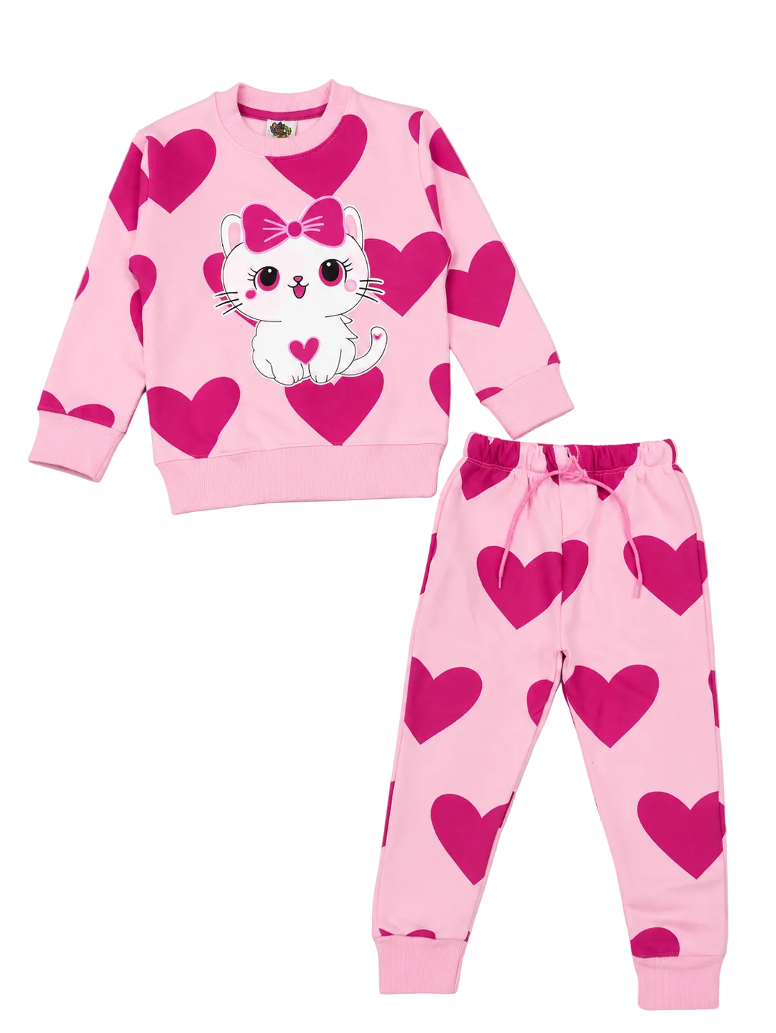 Cute Kitty With All Over Hearts Printed Fleece Tracksuit - Baby Pink