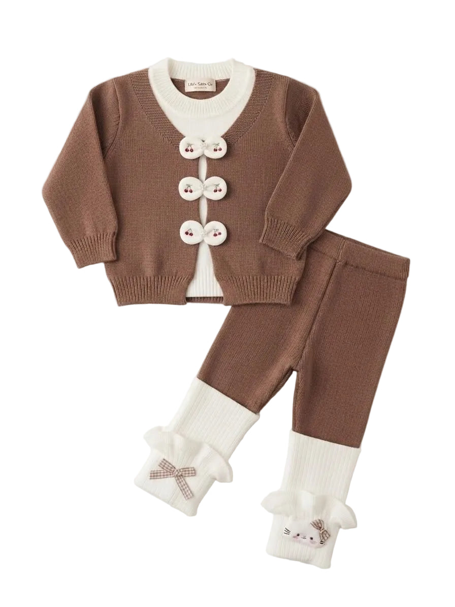 Cute MIni pearls Bow Shirt with Straight Trouser - Off White & Brown