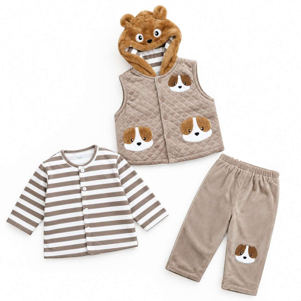  Cute Puppy Face Plush Hooded Vest & Striped  3-Piece Set - Light Brown