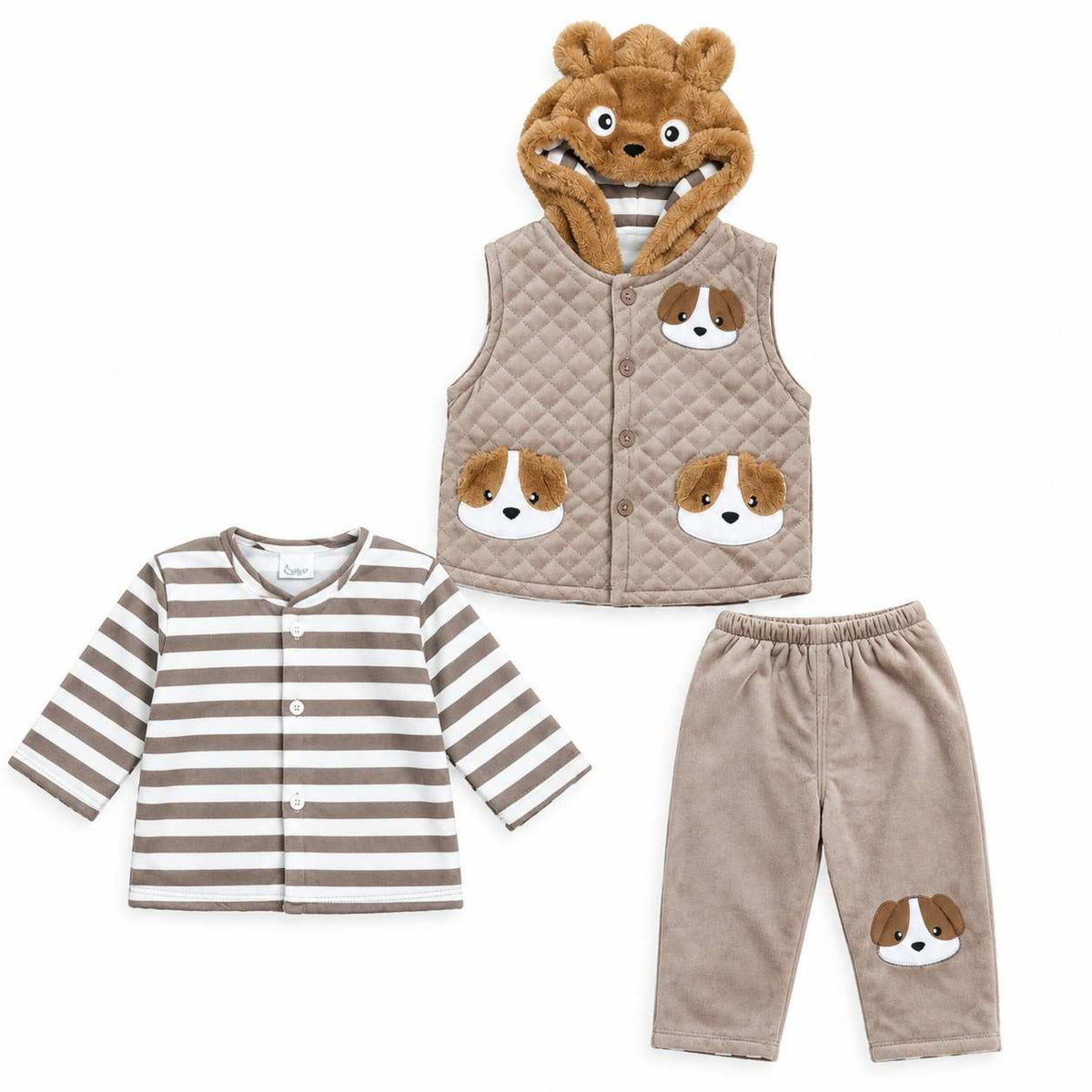  Cute Puppy Face Plush Hooded Vest & Striped  3-Piece Set - Light Brown