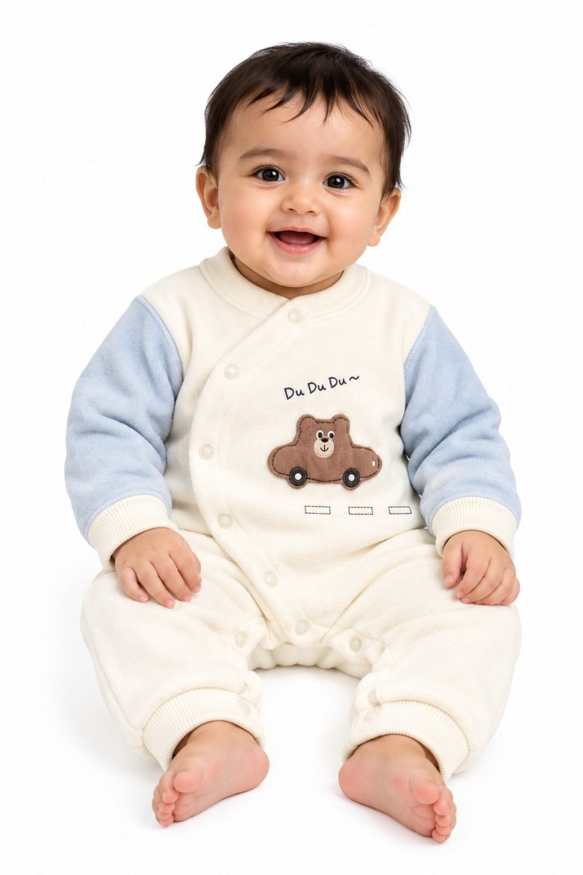 DU DU Baby Classic Button Bear Car Romper - Off-White