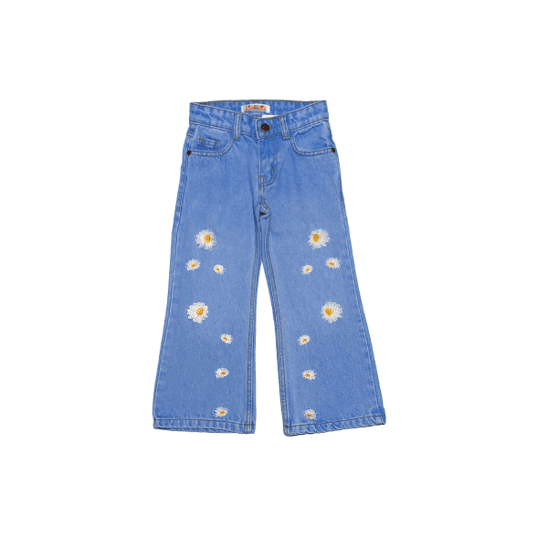 Daisy Flowers Flapper Denim Pant - Light Blue