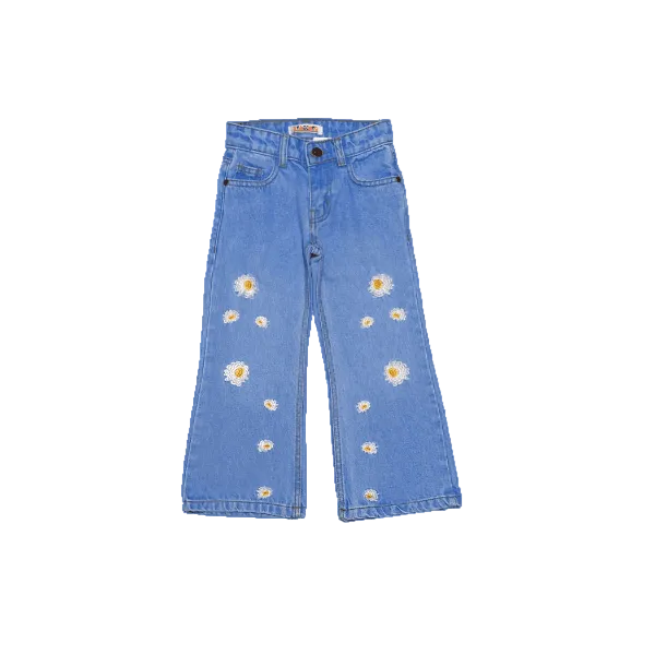 Daisy Flowers Flapper Denim Pant - Light Blue