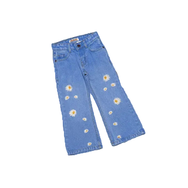 Daisy Flowers Flapper Denim Pant - Light Blue