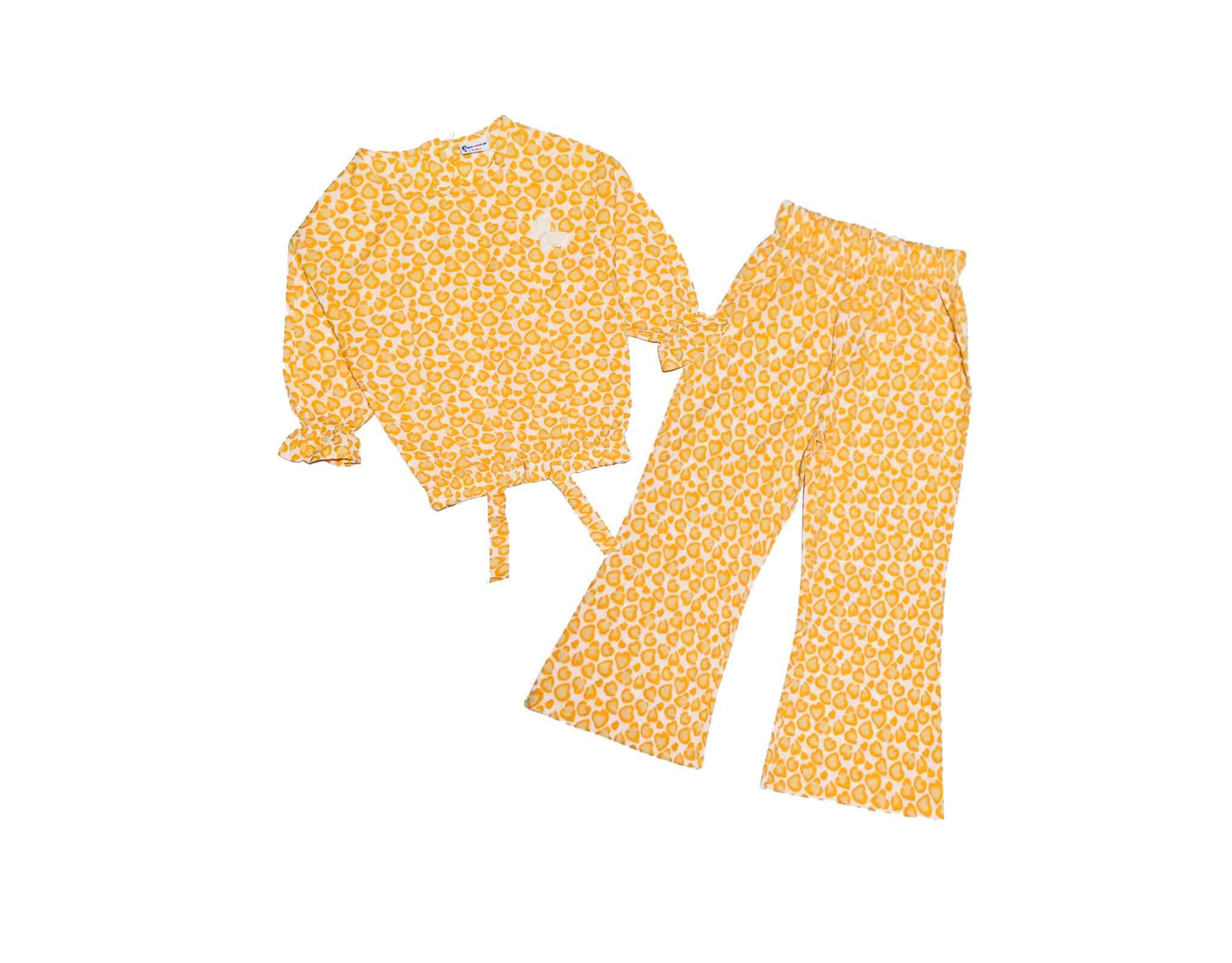 Deer Print  Cotton Short Top with Bell Bottom  – Mustard