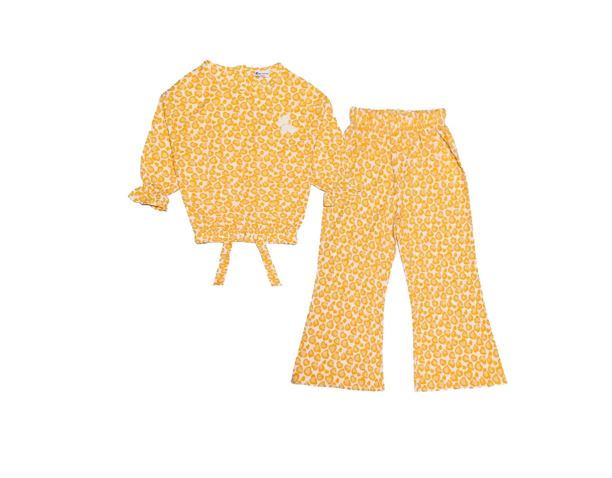 Deer Print  Cotton Short Top with Bell Bottom  – Mustard