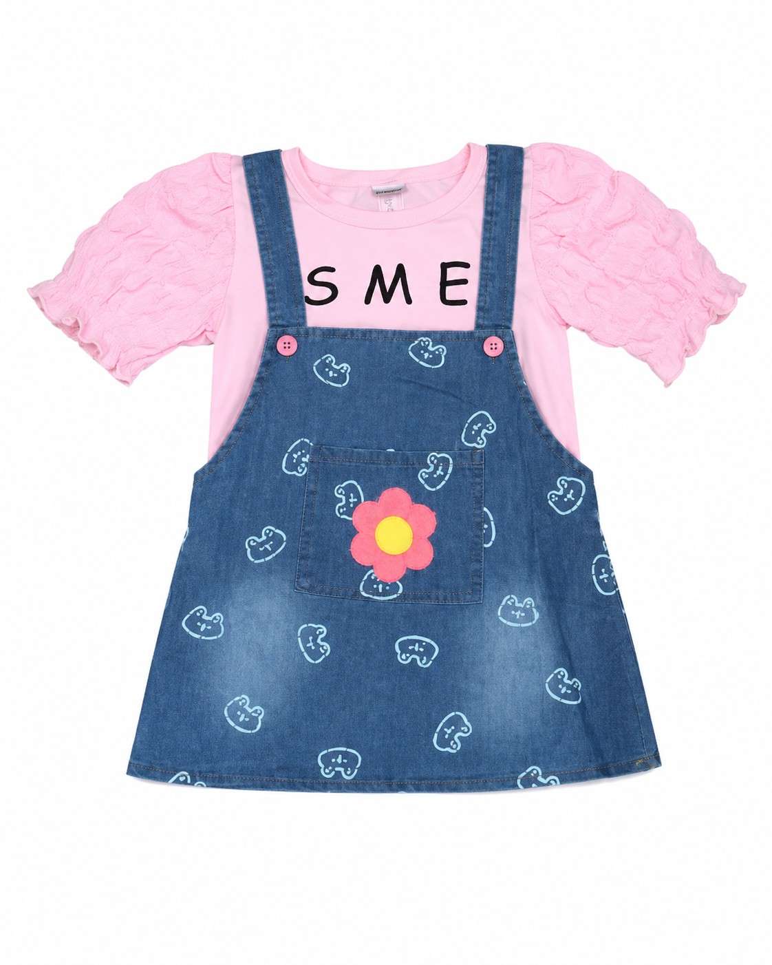Denim Dungaree Frock Set - Pink & Blue