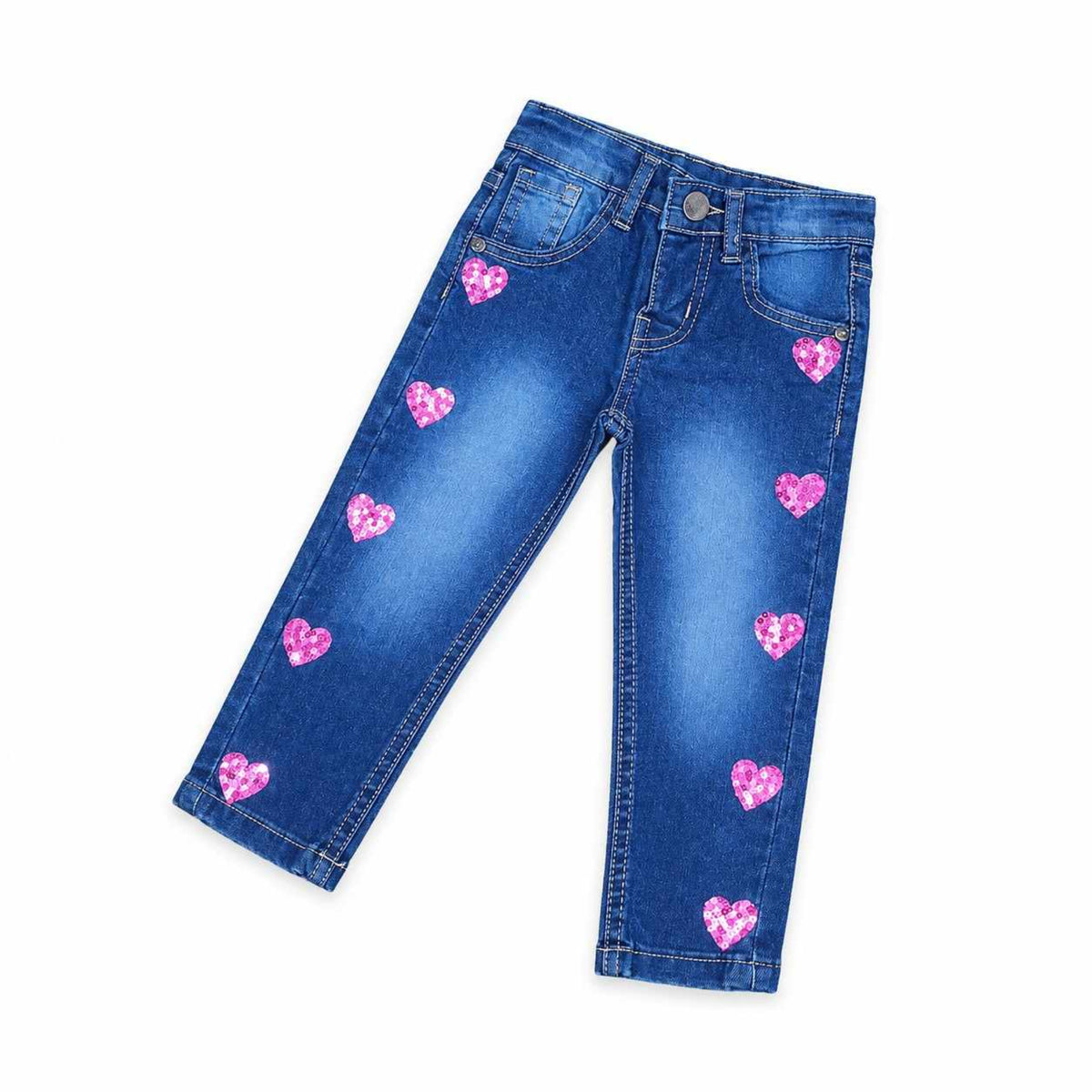 Denim Pant Pink Heart - Dark Blue