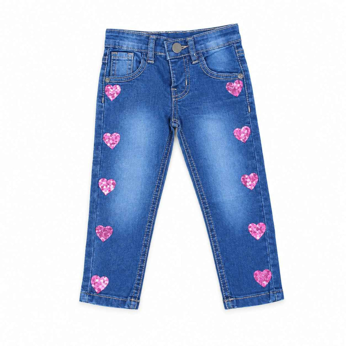 Denim Pant Pink Heart - Dark Blue
