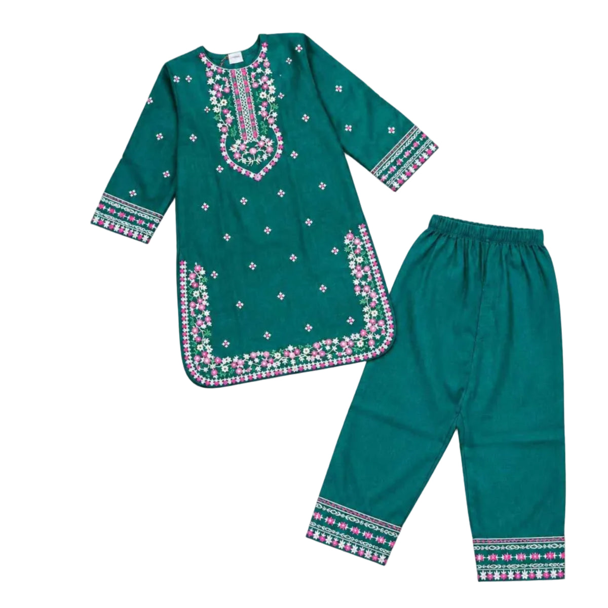 Desi Elegance Floral Khaddar 2-Piece Set - Dark Green